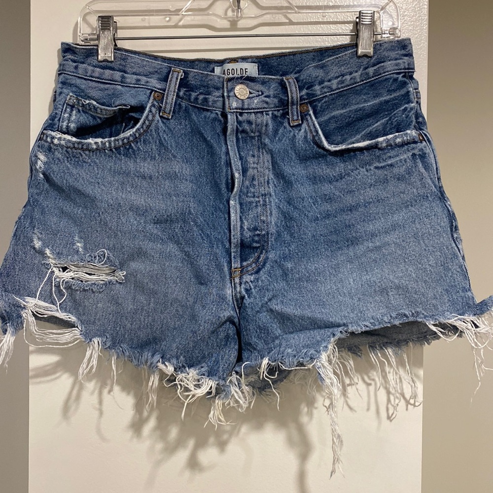 Agolde Blue Distressed High-Rise Denim Shorts